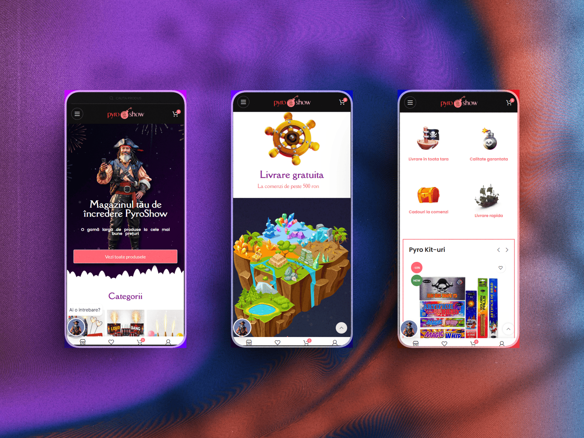 Imaginea afișează un magazin online Pyroshow cu produse pirotehnice și efecte speciale.